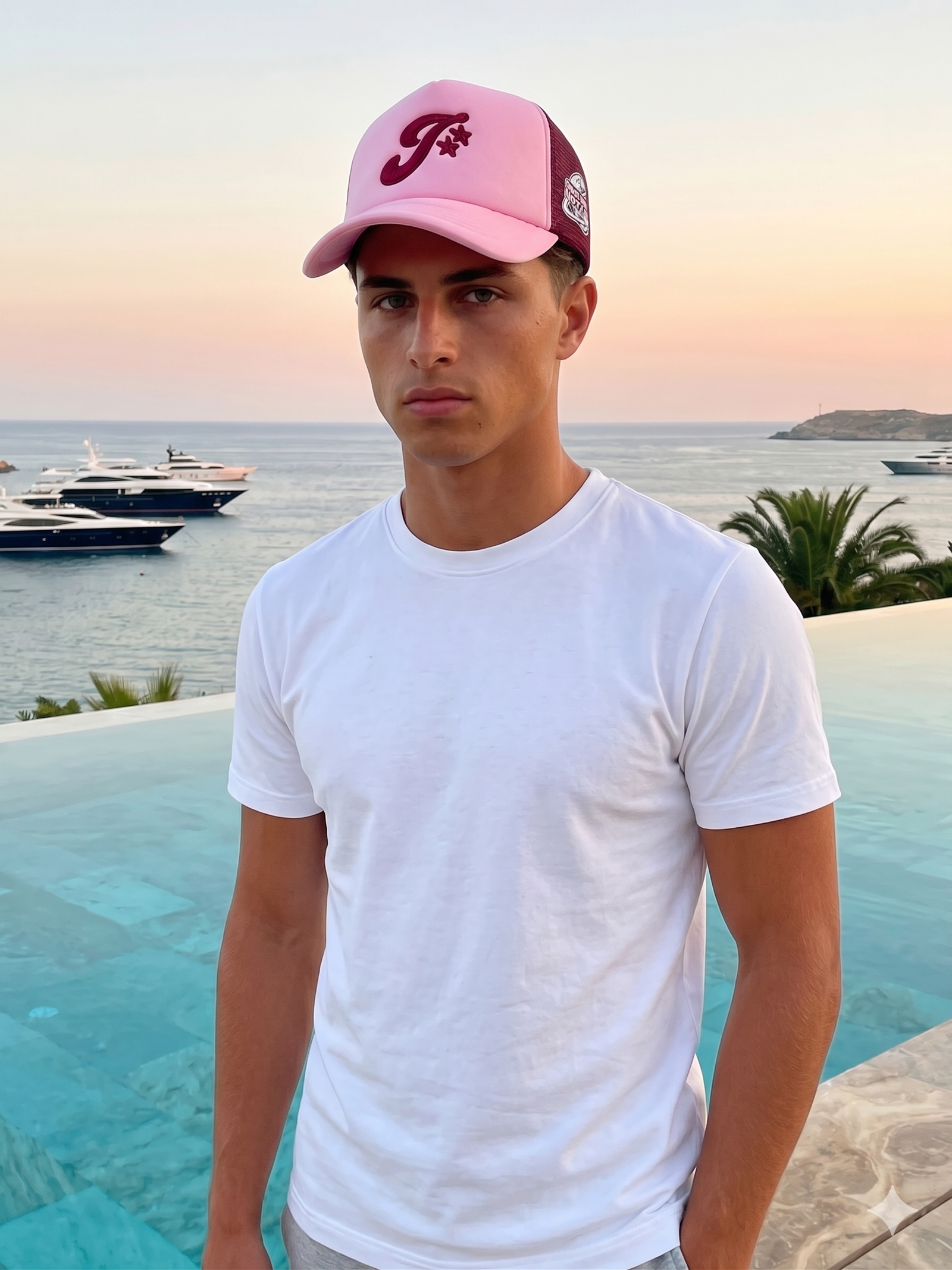 Person wearing a pink cap with a logo and white t-shirt by a pool with boats and ocean in the background